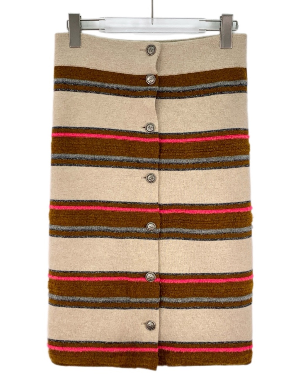 Chanel Two-Tone Striped Single-Button Decorated Cashmere Knit Midi Skirt